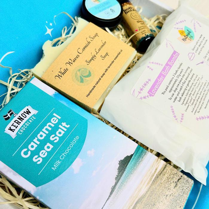 Bath Bomb Gift Set - Letterbox - with Devon and Cornish products including chocolate, handmade soap, bath bombs, sleep oil and natural lip balm