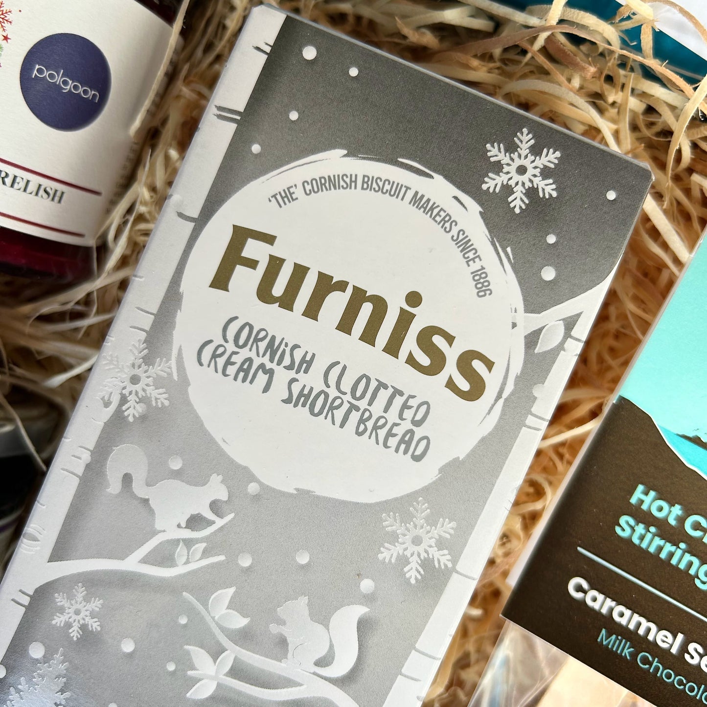 Cornish Christmas Hamper - gift box with mulled wine and cranberry relish, damson and mulled wine preserve, Cornish clotted cream shortbread and hot chocolate spoon.