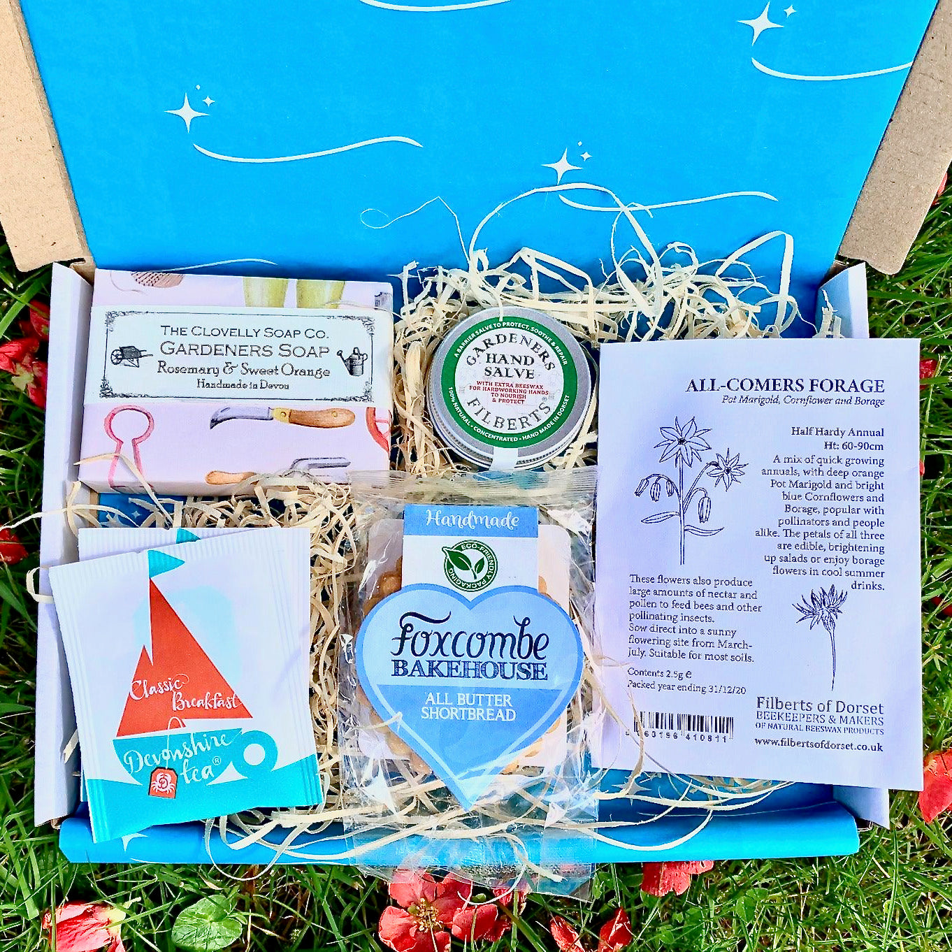 Gardeners Letterbox Gift Set with handcrafted soap, shortbread, tea, hand slave and flower seeds