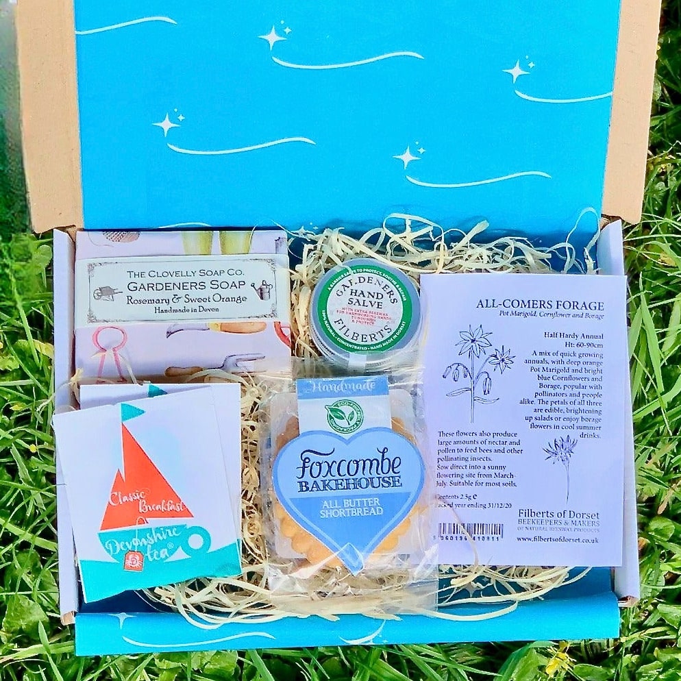 Gardeners Letterbox Gift Set with handcrafted soap, shortbread, tea, hand slave and flower seeds