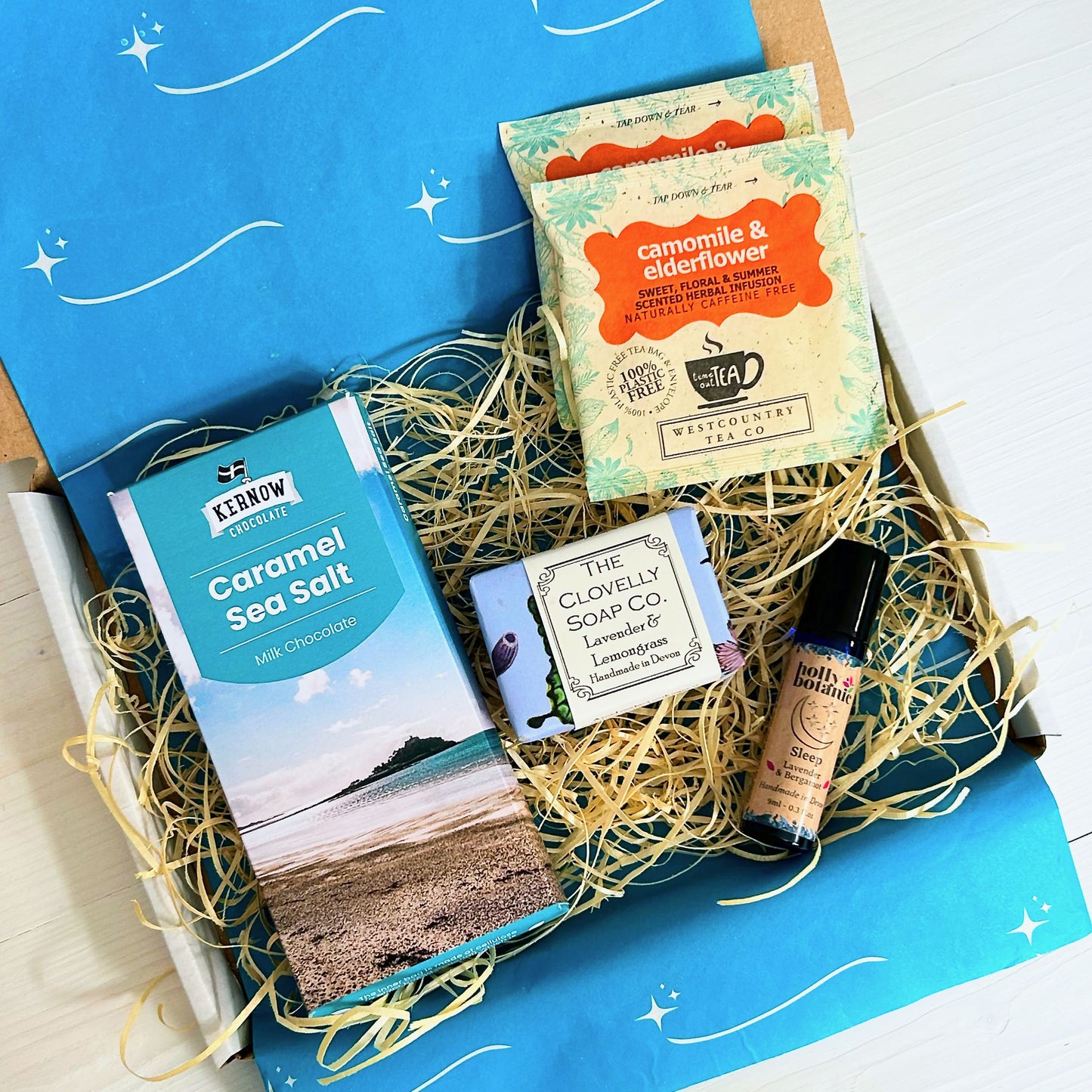 Get Well Soon Letterbox Gift with handcrafted soap and aromatherapy sleep oil from Devon and artisan Cornish chocolate and tea
