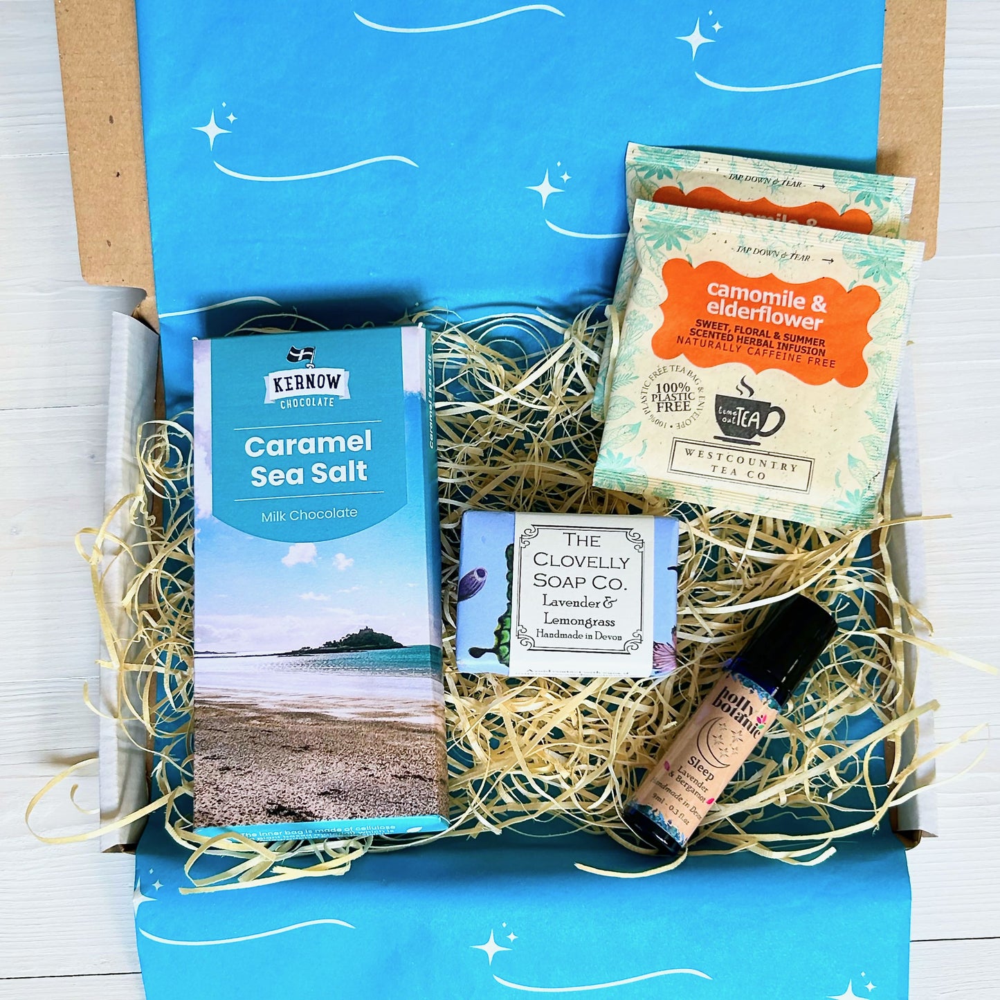 Get Well Soon Letterbox Gift with handcrafted soap and aromatherapy sleep oil from Devon and artisan Cornish chocolate and tea