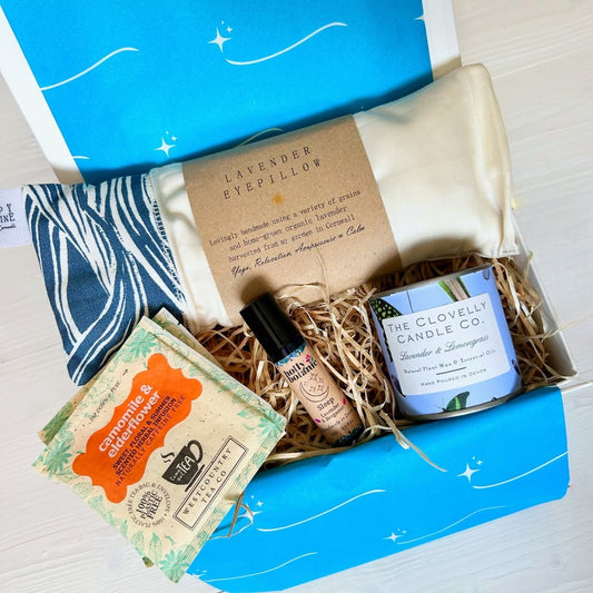 Get Well Soon Hamper - packed with Devon and Cornish coastal products including lavender eye pillow, aromatherapy candle, essential oil rool on and herbal tea