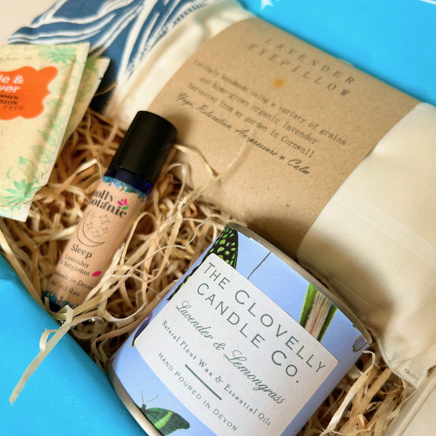 Get Well Soon Hamper - packed with Devon and Cornish coastal products including lavender eye pillow, aromatherapy candle, essential oil rool on and herbal tea