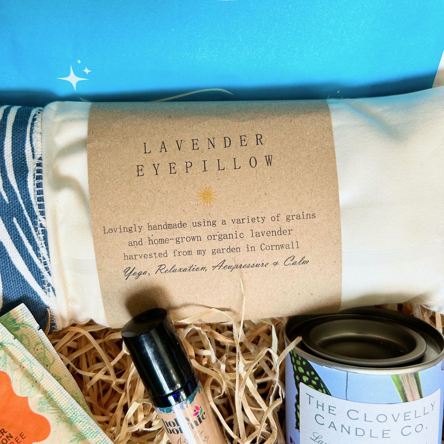 Get Well Soon Hamper - packed with Devon and Cornish coastal products including lavender eye pillow, aromatherapy candle, essential oil rool on and herbal tea
