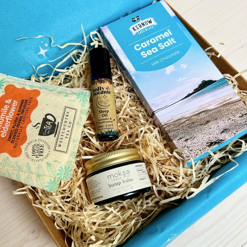 Mum to Be Gift Set with natural bump balm, aromatherapy sleep oil roll on, chocolate and tea from Devon and Cornwall