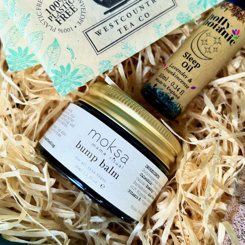 Mum to Be Gift Set with natural bump balm, aromatherapy sleep oil roll on, chocolate and tea from Devon and Cornwall