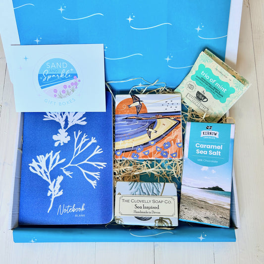 Ocean Letterbox Gift with notebook, Cornish coaster, sea inspired natural soap made in Devon, artisan Cornish chocolate and tea