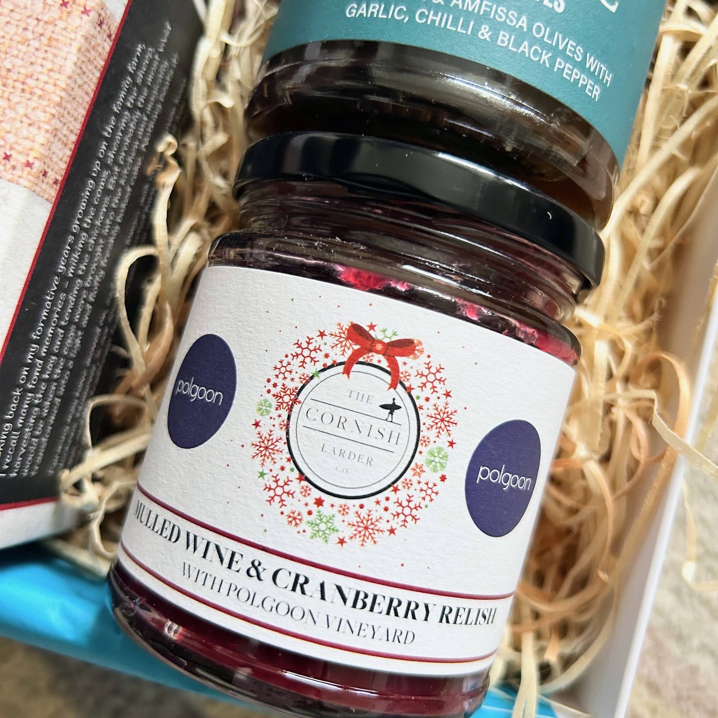 Westcountry Christmas Hamper Mini with award-winning handmade mince pies, mulled wine and cranberry relish and luxury mixed olives.