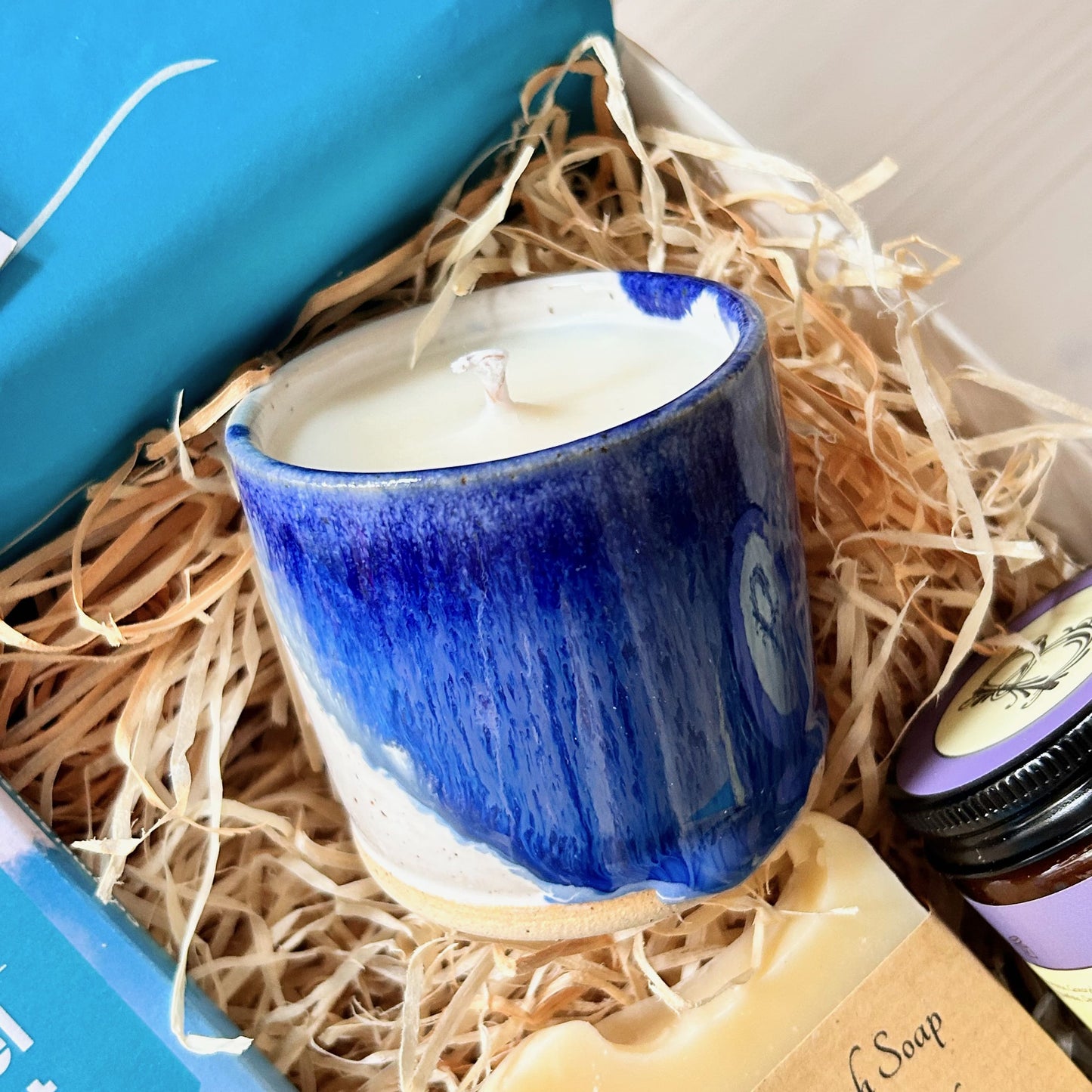 Coastal  Gift Set with Ceramic coastal Cornish candle, natural hand-made soap, artisan hand cream and chocolate