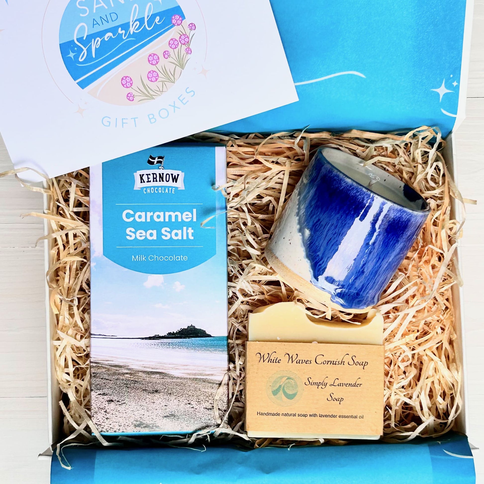 Coastal Candle Gift Set with Ceramic Cornish coastal candle, natural hand-made soap, artisan hand cream and chocolate
