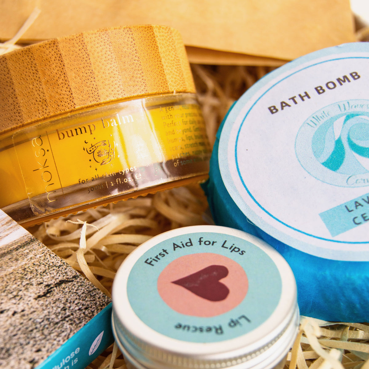 New Mum Gift Hamper perfect for new mother or mum-to - be with bump balm, aromatherapy oil, natural bath bomb, luxury lip balm, Cornish chocolate and herbal tea.