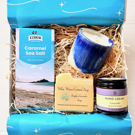Coastal Candle Gift Set with Ceramic coastal candle, natural hand-made soap, artisan hand cream and chocolate