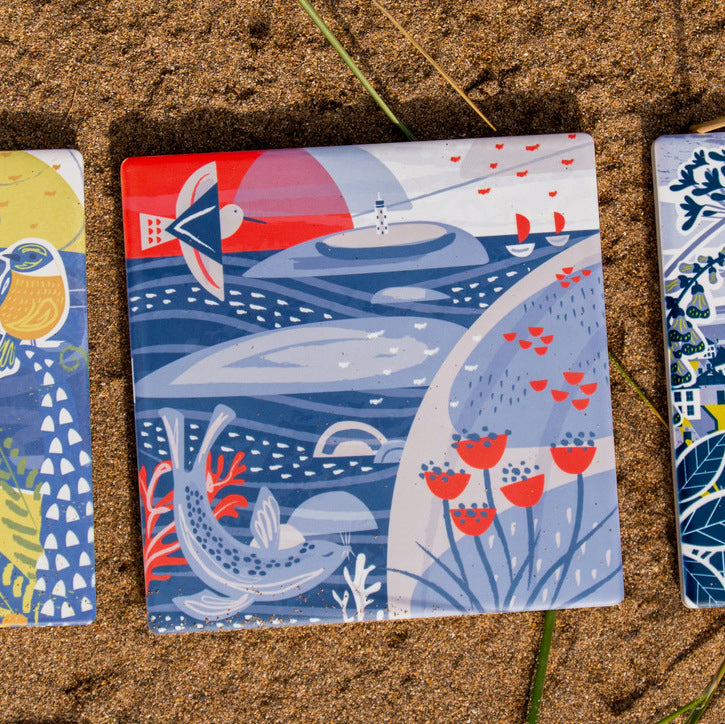 Coastal gifts - Cornish ceramic coaster - Godrevy on sand
