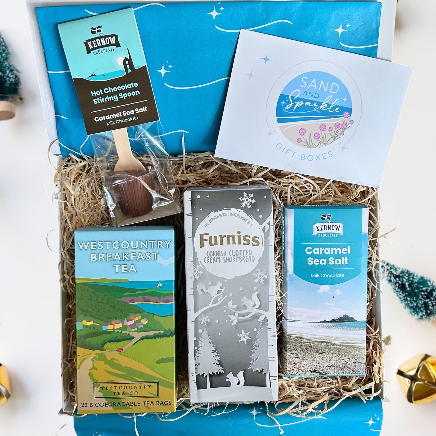 Cornish Coastal Christmas Hamper with Clotted cream shortbread, westcountry tea, luxury chocolate and hot chocolate spoon.