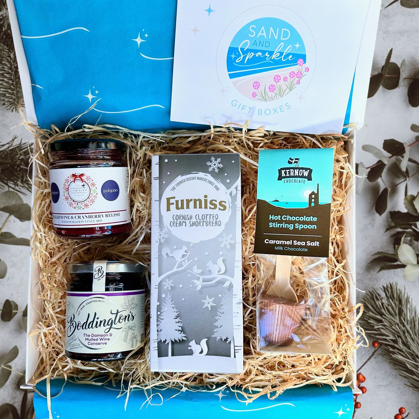 Cornish Christmas Hamper - gift box with mulled wine and cranberry relish, damson and mulled wine preserve, Cornish clotted cream shortbread and hot chocolate spoon.