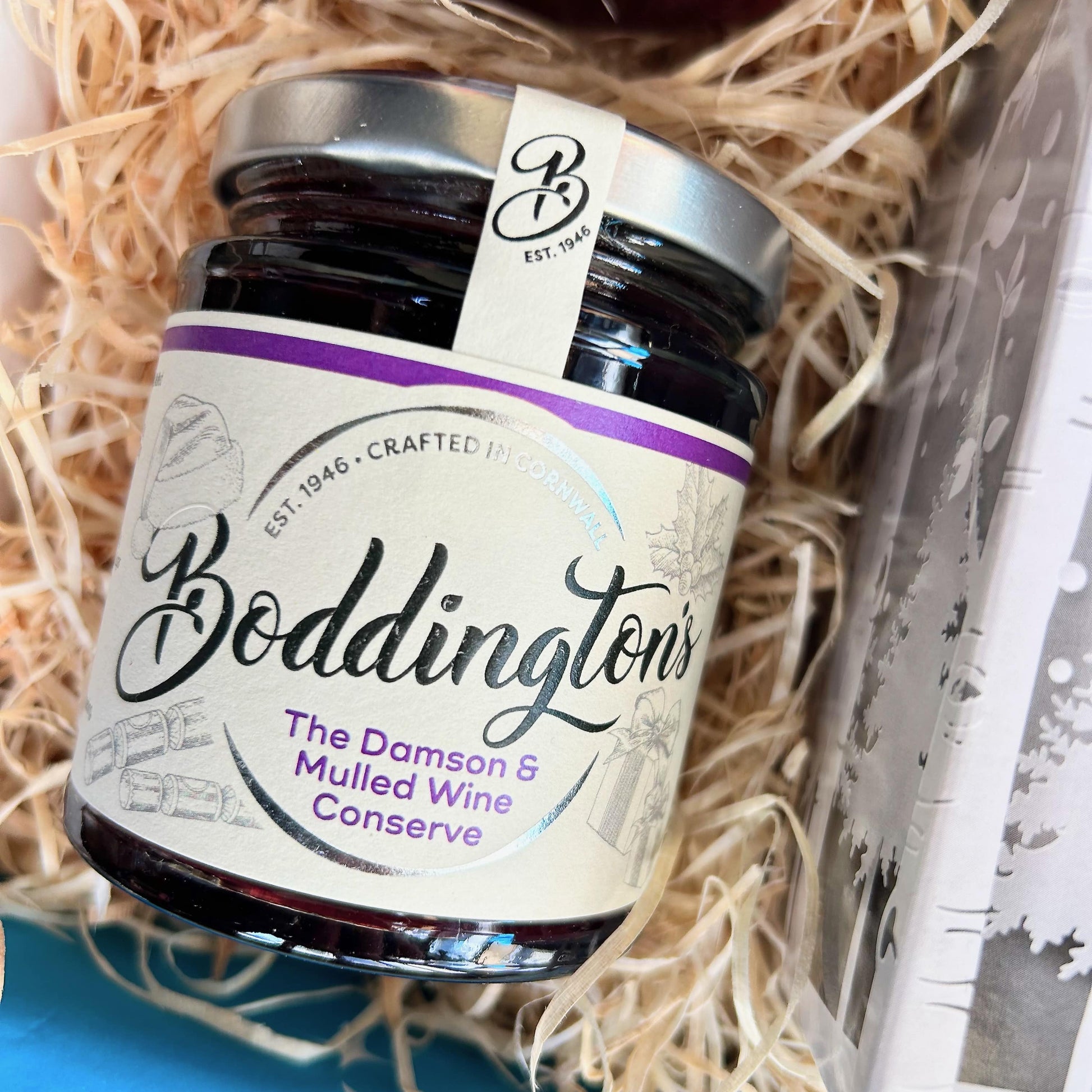 Cornish Christmas Hamper - gift box with mulled wine and cranberry relish, damson and mulled wine preserve, Cornish clotted cream shortbread and hot chocolate spoon.