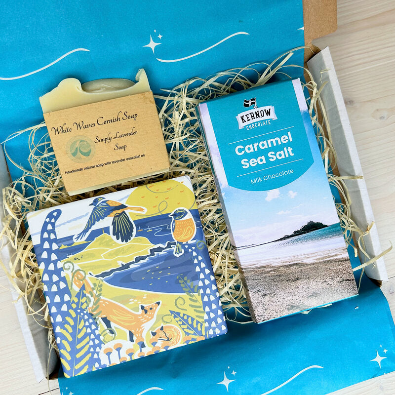 Cornish Letterbox Gift Set Coastal - Letterbox - with illustrated Cornish coaster, handmade Cornish soap and Cornish artisan chocolate from Kernow Chocolate