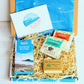 Cornish letterbox gift set with White Waves Cornish Soap, artisan caramel sea salt chocolate from Kernow chocolaate and herbal tea.