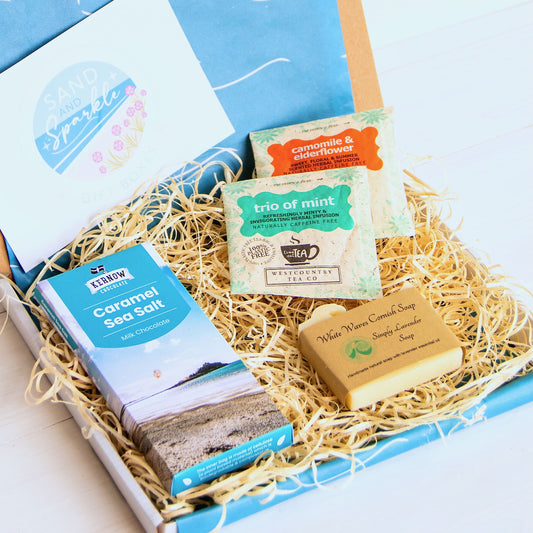 Cornish letterbox gift set with White Waves Cornish Soap, artisan caramel sea salt chocolate from Kernow chocolaate and herbal tea.