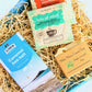 Cornish letterbox gift set with White Waves Cornish Soap, artisan caramel sea salt chocolate from Kernow chocolaate and herbal tea.