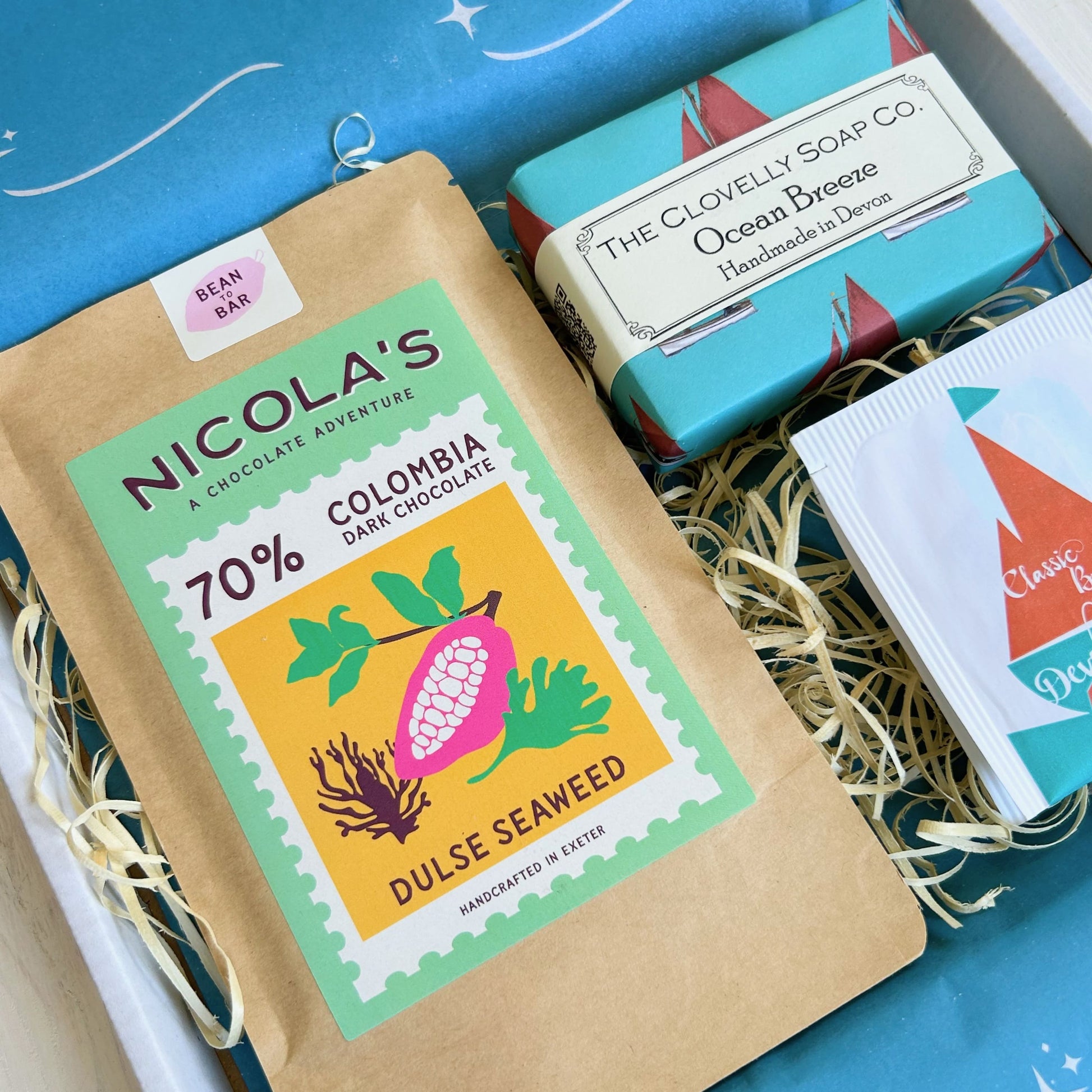 Devon Gift Set - Letterbox gift with Exeter made chocolate, Devon ocean breeze coastal soap and Devonshire tea