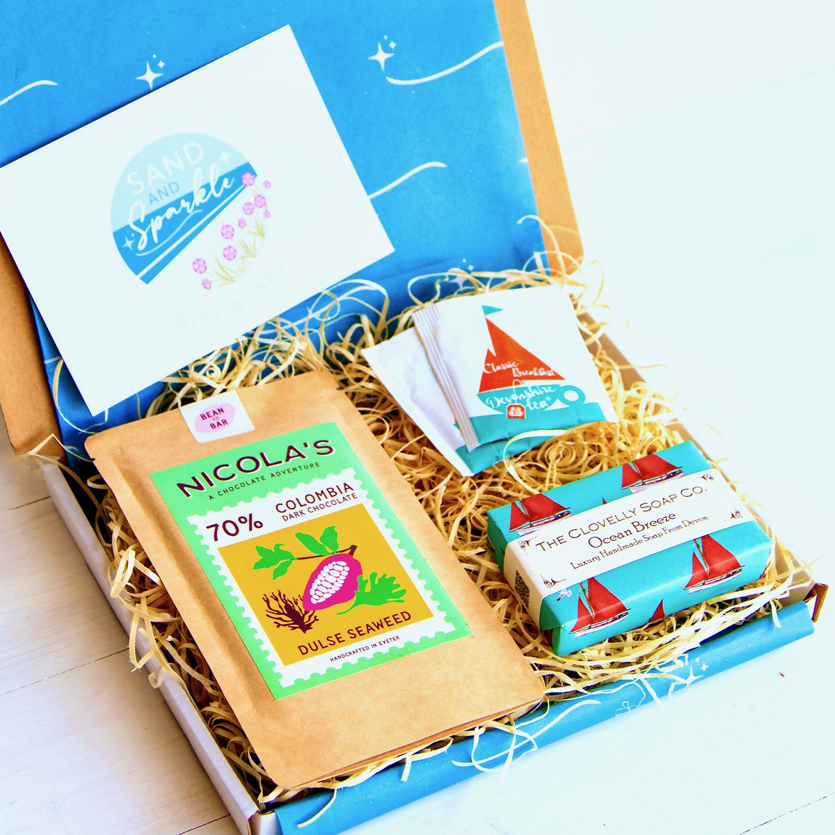 Devon Letterbox Gift Set with Nicola's chocolate, Clovelly ocean breeze soap and Devonshire tea