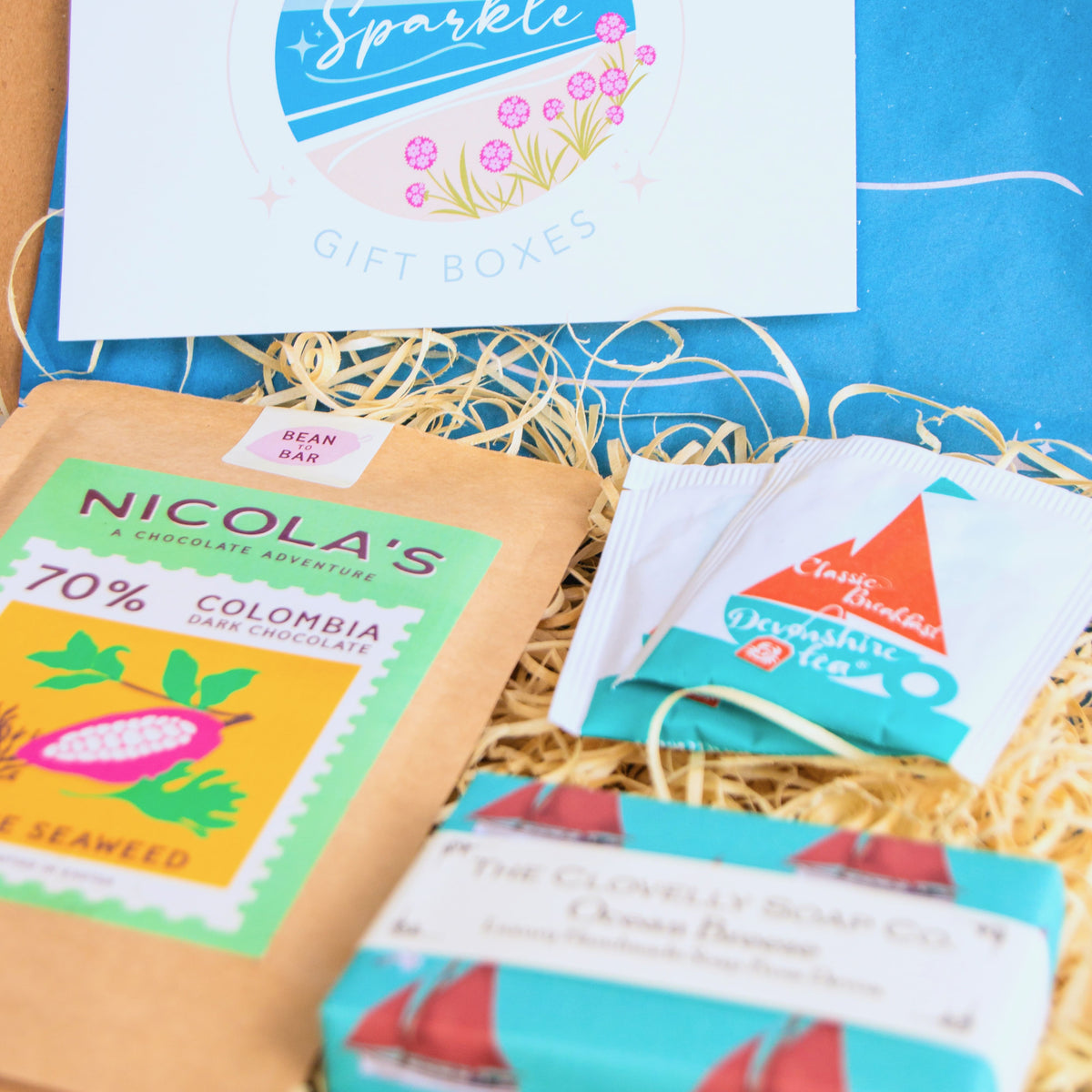 Devon Letterbox Gift Set with Nicola's chocolate, Clovelly ocean breeze soap and Devonshire tea