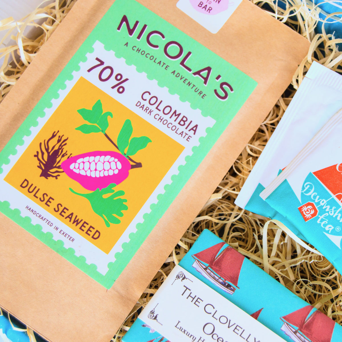 Devon Letterbox Gift Set with Nicola's chocolate, Clovelly ocean breeze soap and Devonshire tea