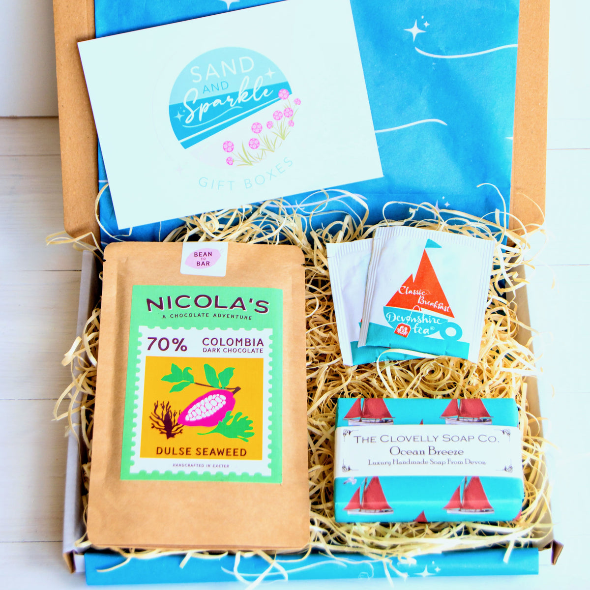 Devon Letterbox Gift Set with Nicola's chocolate, Clovelly ocean breeze soap and Devonshire tea