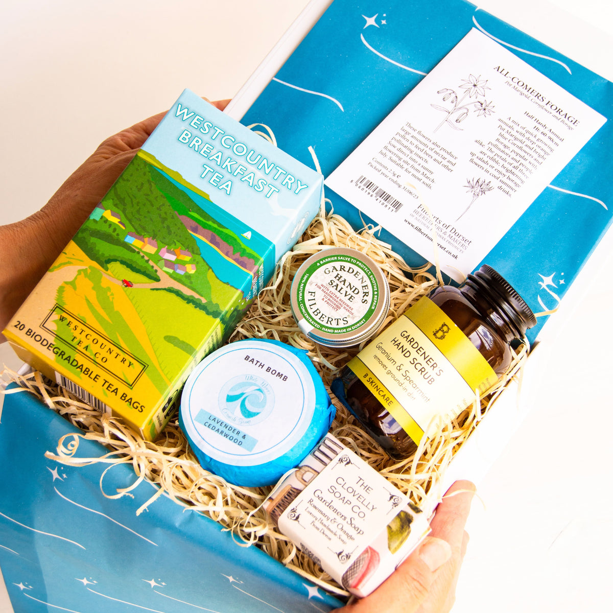 Gardeners Gift Set with artisan hand scrub, handcrafted soap, luxury hand salve, aromatherapy bath bomb, local tea and seeds for bees