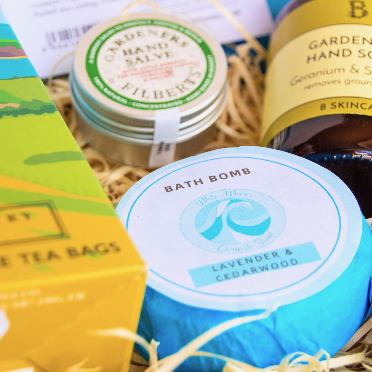 Gardeners Gift Set with artisan hand scrub, handcrafted soap, luxury hand salve, aromatherapy bath bomb, local tea and seeds for bees