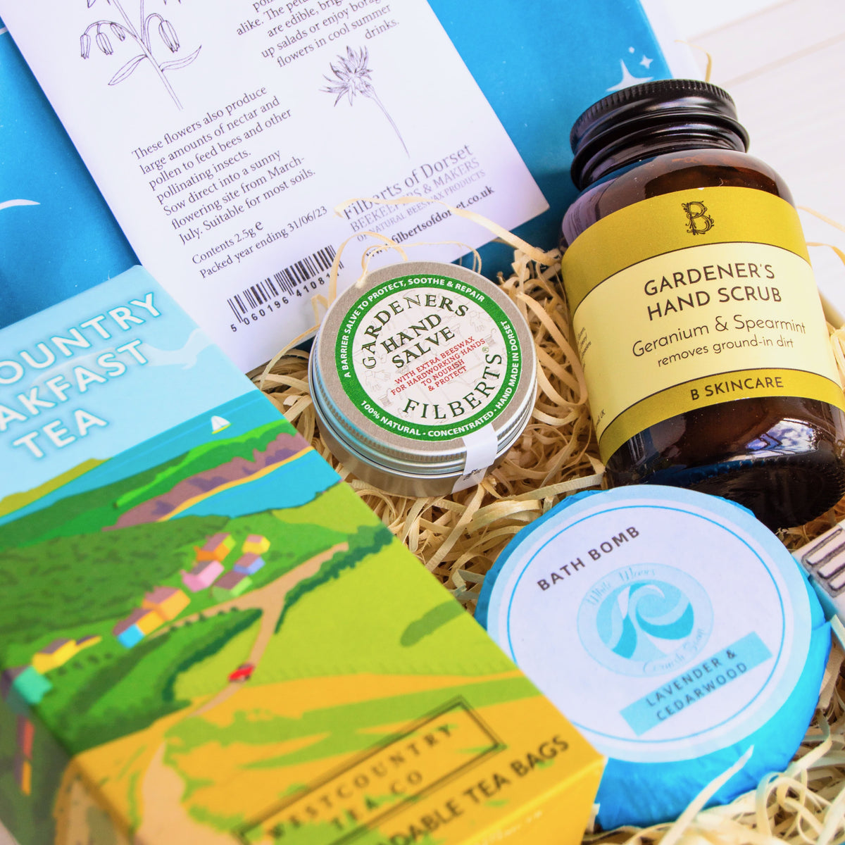 Gardeners Gift Set with artisan hand scrub, handcrafted soap, luxury hand salve, aromatherapy bath bomb, local tea and seeds for bees