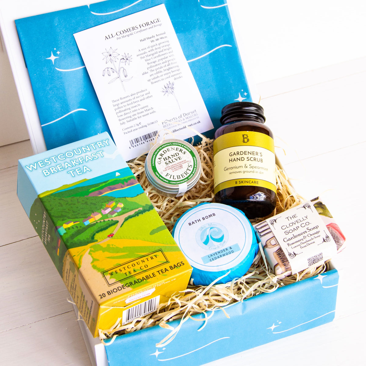 Gardeners Gift Set with artisan hand scrub, handcrafted soap, luxury hand salve, aromatherapy bath bomb, local tea and seeds for bees