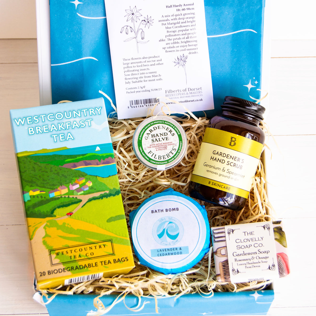 Gardeners Gift Set with artisan hand scrub, handcrafted soap, luxury hand salve, aromatherapy bath bomb, local tea and seeds for bees
