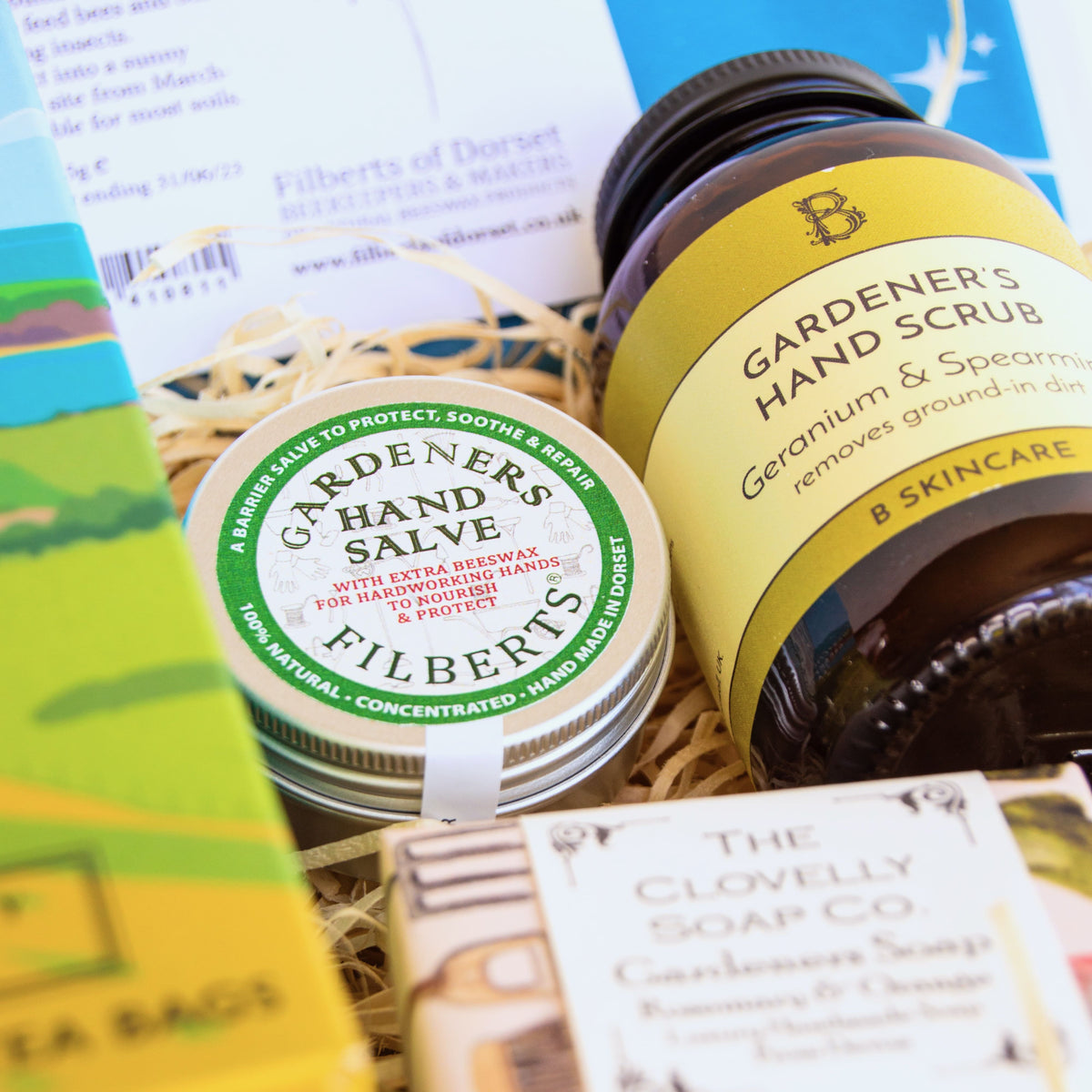 Gardeners Gift Set with artisan hand scrub, handcrafted soap, luxury hand salve, aromatherapy bath bomb, local tea and seeds for bees