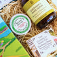 Gardeners Gift Set with artisan hand scrub, handcrafted soap, luxury hand salve, aromatherapy bath bomb, local tea and seeds for bees