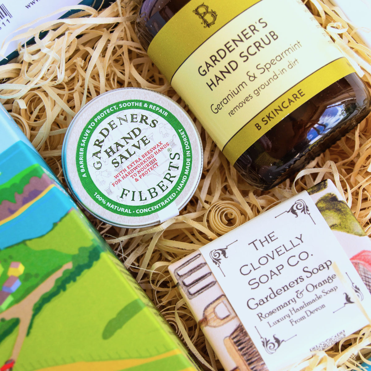 Gardeners Gift Set with artisan hand scrub, handcrafted soap, luxury hand salve, aromatherapy bath bomb, local tea and seeds for bees