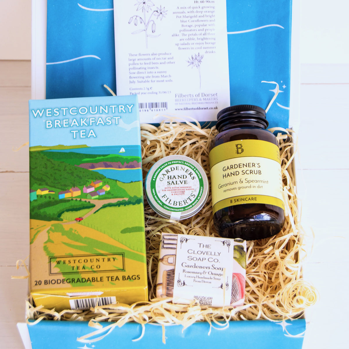 Gardeners Gift Set with artisan hand scrub, handcrafted soap, luxury hand salve, aromatherapy bath bomb, local tea and seeds for bees