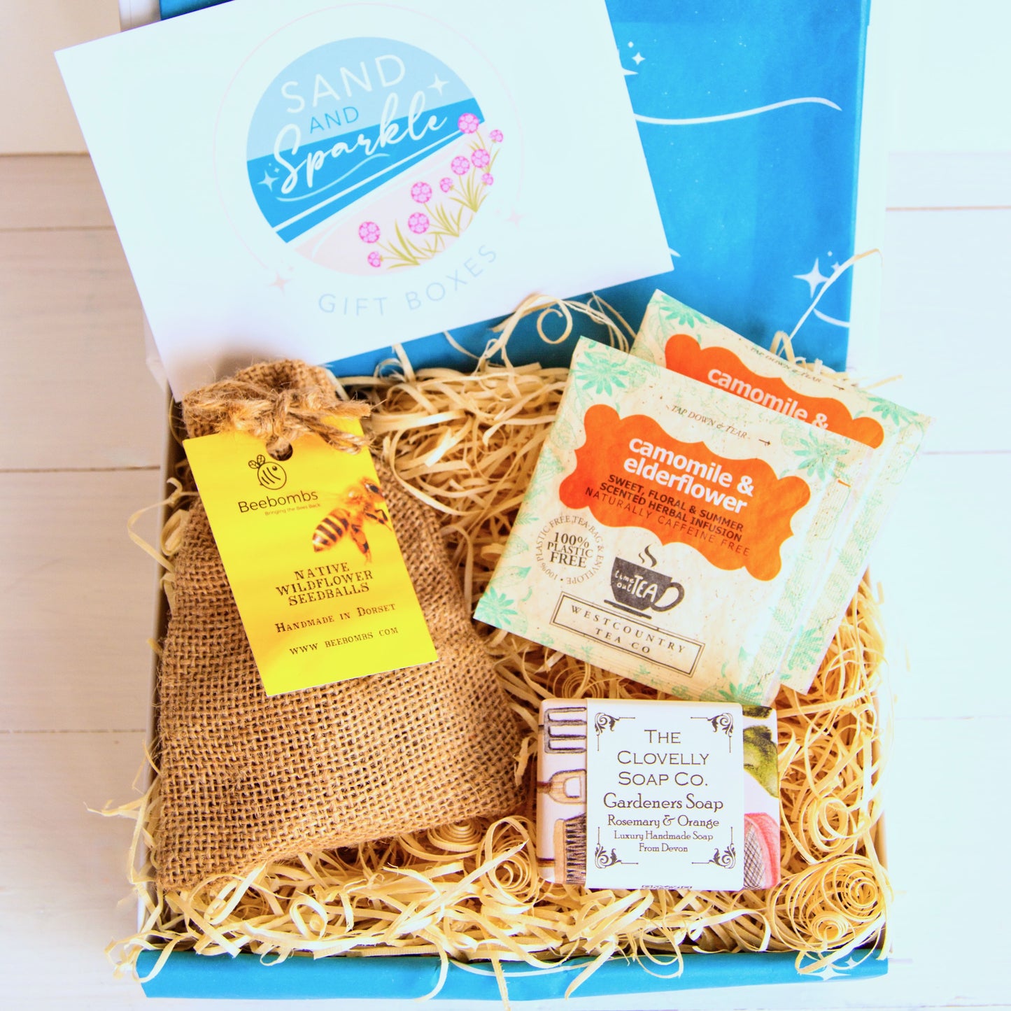 Gardeners Gift Hamper with native wildflower seedballs, handcrafted gardener's soap and herbal tea