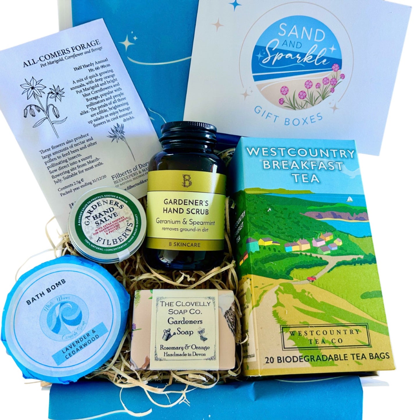 Gardeners Gift Set - Gardening Hamper with luxury hand scrub, gardener's soap, hand salve, bath bomb, westcountry tea and flower seeds