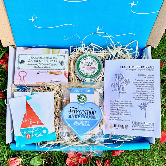 Gardeners Letterbox Gift Set with handcrafted soap, shortbread, tea, hand slave and flower seeds 