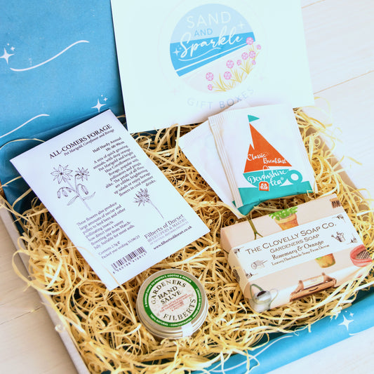 Gardeners Letterbox Gift Set with Clovelly Gardeners Soap, gardeners hand salve, seeds for bees and Devonshire tea
