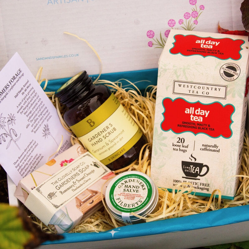 Gardening Gift Set from Sand and Sparkle with Cornish hand scrub, Devon handmade soap, Dorset made hand salve and seeds for bees and Westcountry tea