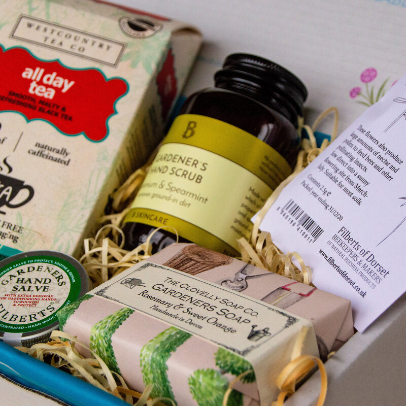 Gardening Gift Set from Sand and Sparkle with Cornish hand scrub, Devon handmade soap, Dorset made hand salve and seeds for bees and Westcountry tea