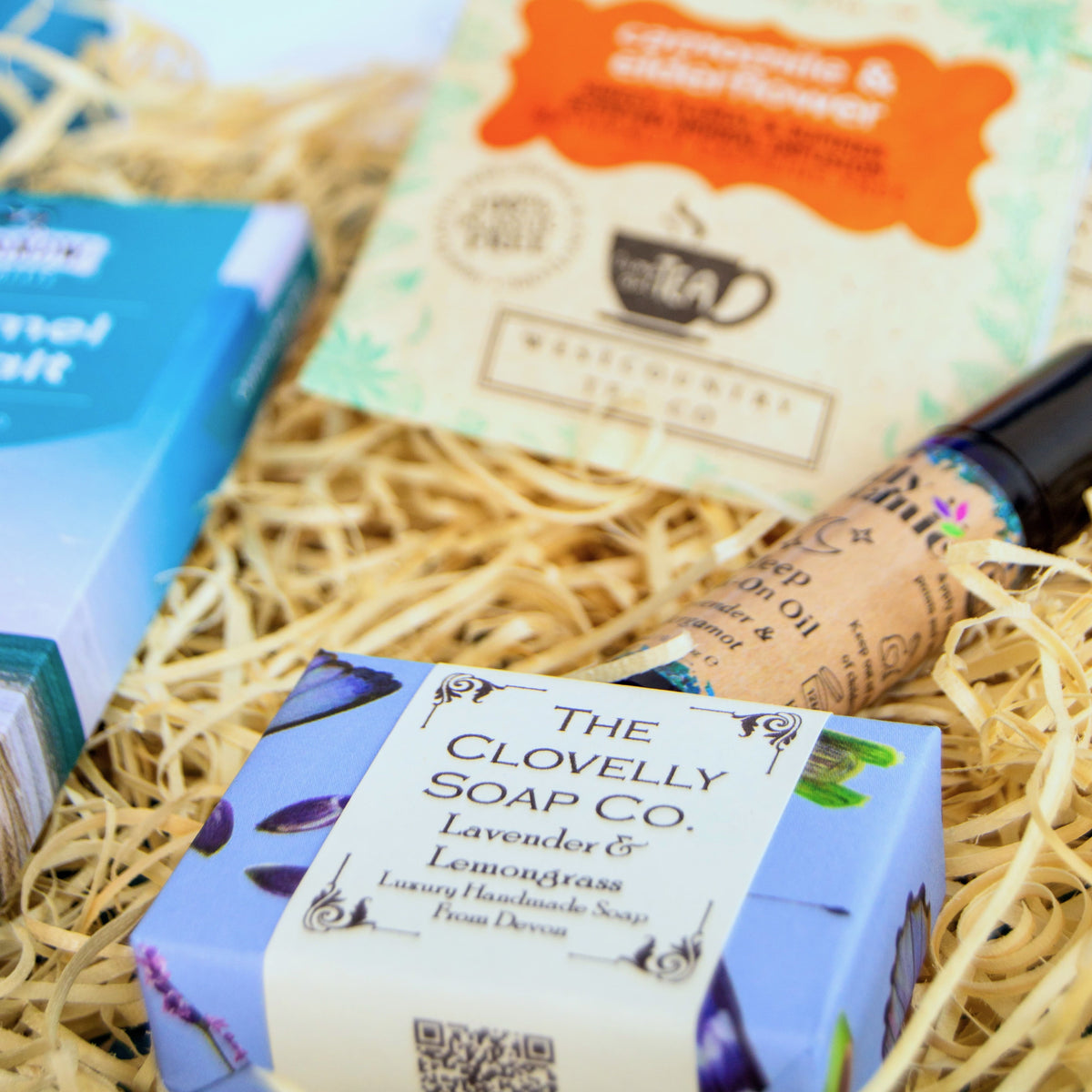 Get Well Soon Letterbox Gift with handcrafted soap and aromatherapy sleep oil from Devon and artisan Cornish chocolate and tea