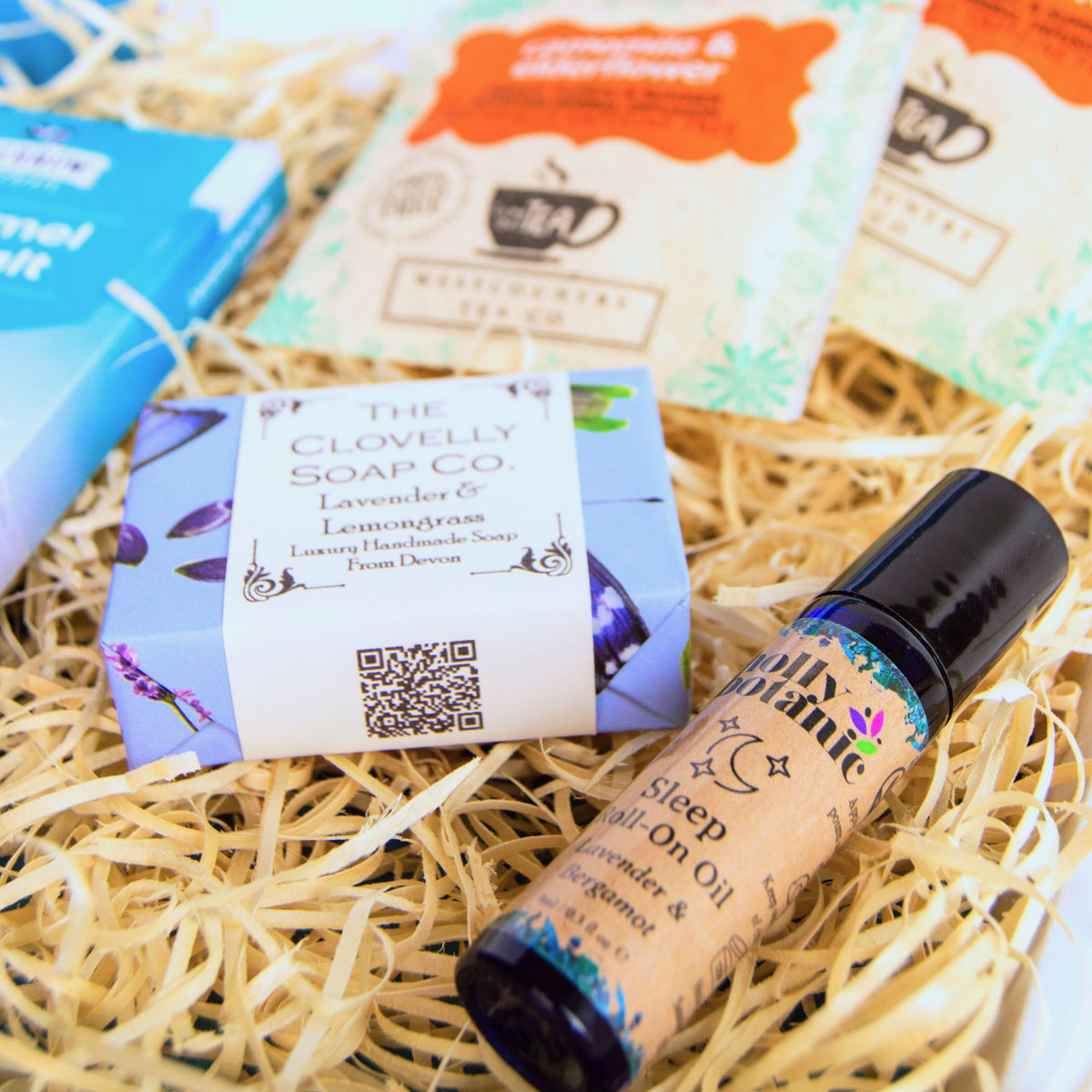 Get Well Soon Letterbox Gift with handcrafted soap and aromatherapy sleep oil from Devon and artisan Cornish chocolate and tea