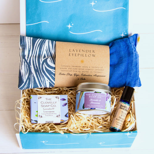 Get Well Soon Hamper - packed with Devon and Cornish coastal products including lavender eye pillow, aromatherapy candle, essential oil rool on and herbal tea