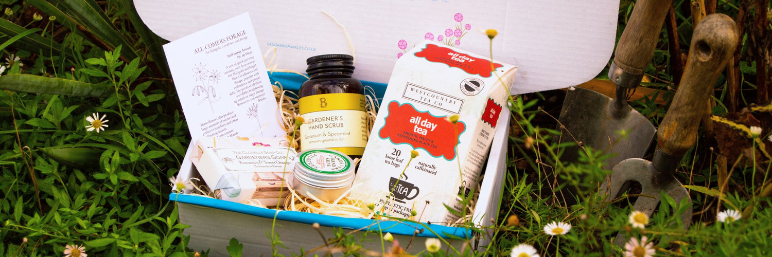 Gifts for gardeners - gardening gift sets with soap, hand salve, hand scrub, tea and flower seeds set in a garden in Devon