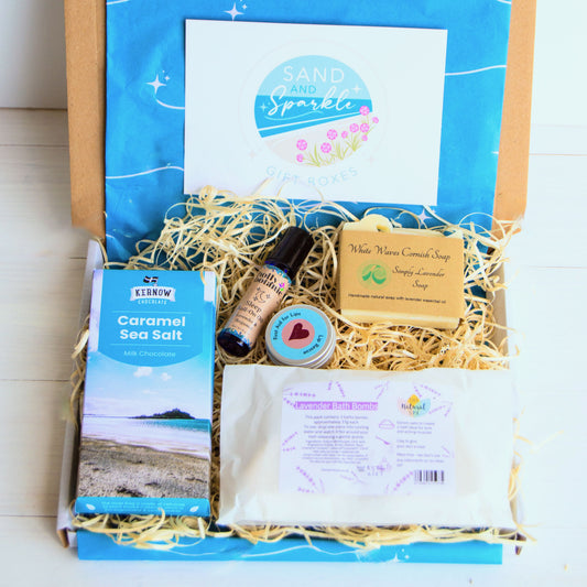 Bath Bomb Gift Set - Letterbox - pamper gift box with Devon and Cornish products including chocolate, handmade soap, natural bath bombs, aromatherapy sleep oil and luxury natural lip balm